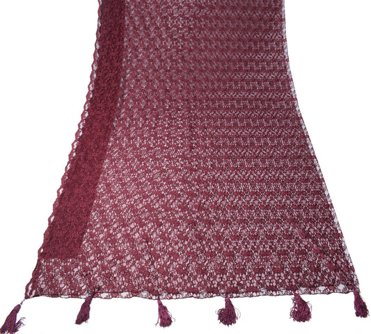 Sushila Vintage Burgundy Saree Net Mesh Floral Woven Cutwork Sari Dress Fabric