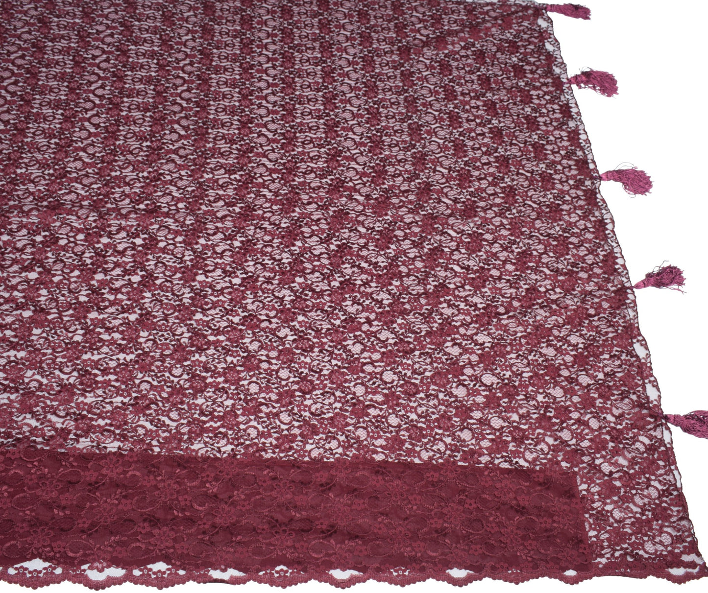 Sushila Vintage Burgundy Saree Net Mesh Floral Woven Cutwork Sari Dress Fabric