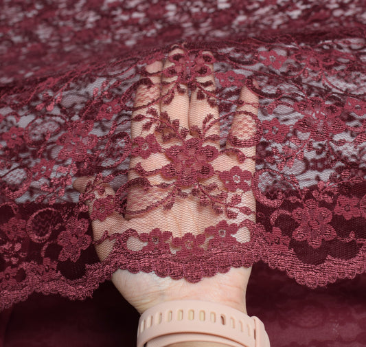 Sushila Vintage Burgundy Saree Net Mesh Floral Woven Cutwork Sari Dress Fabric