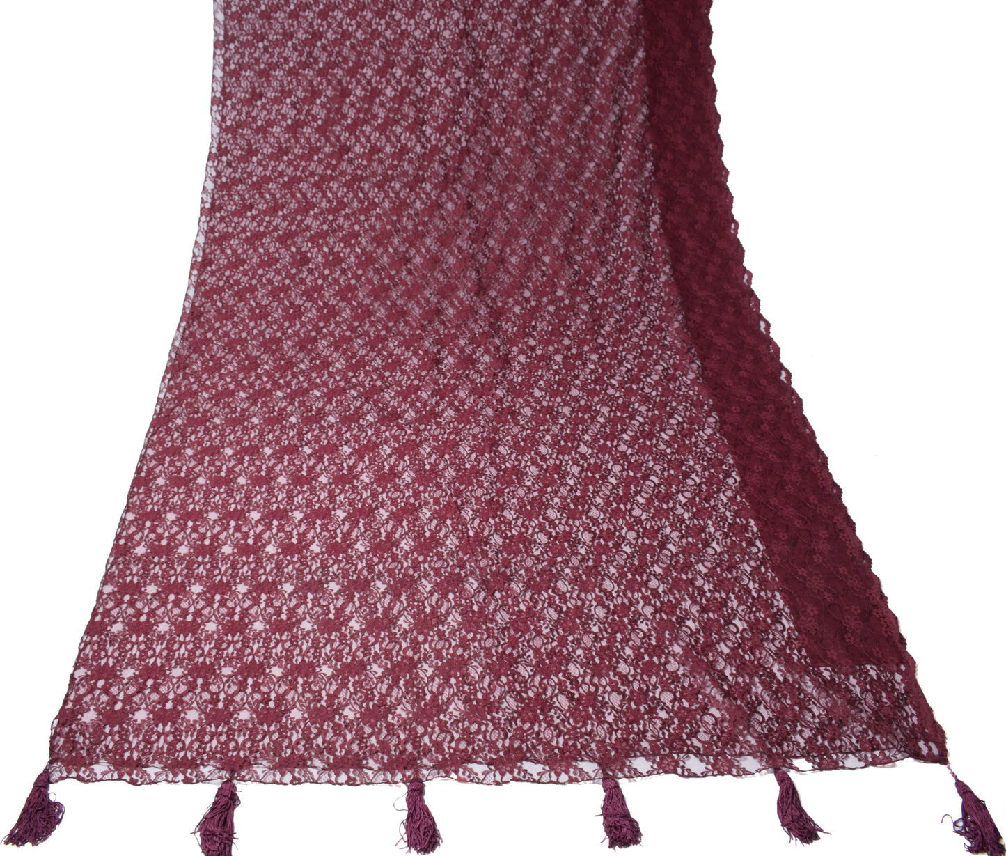 Sushila Vintage Burgundy Saree Net Mesh Floral Woven Cutwork Sari Dress Fabric