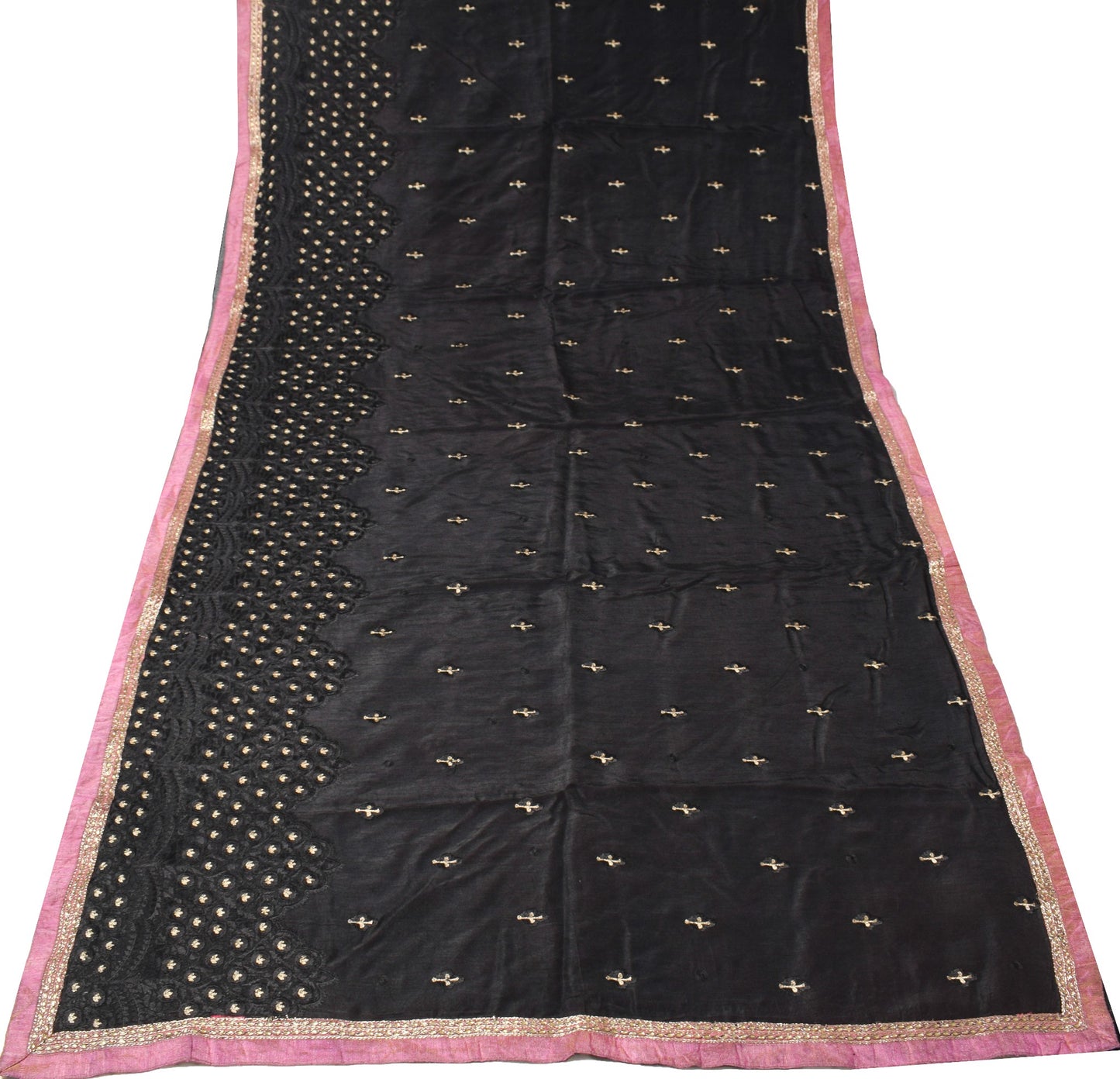 Sushila Vintage Black Embroidered Saree Contrast Border Pure Cotton HEAVY Sari