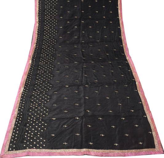 Sushila Vintage Black Embroidered Saree Contrast Border Pure Cotton HEAVY Sari