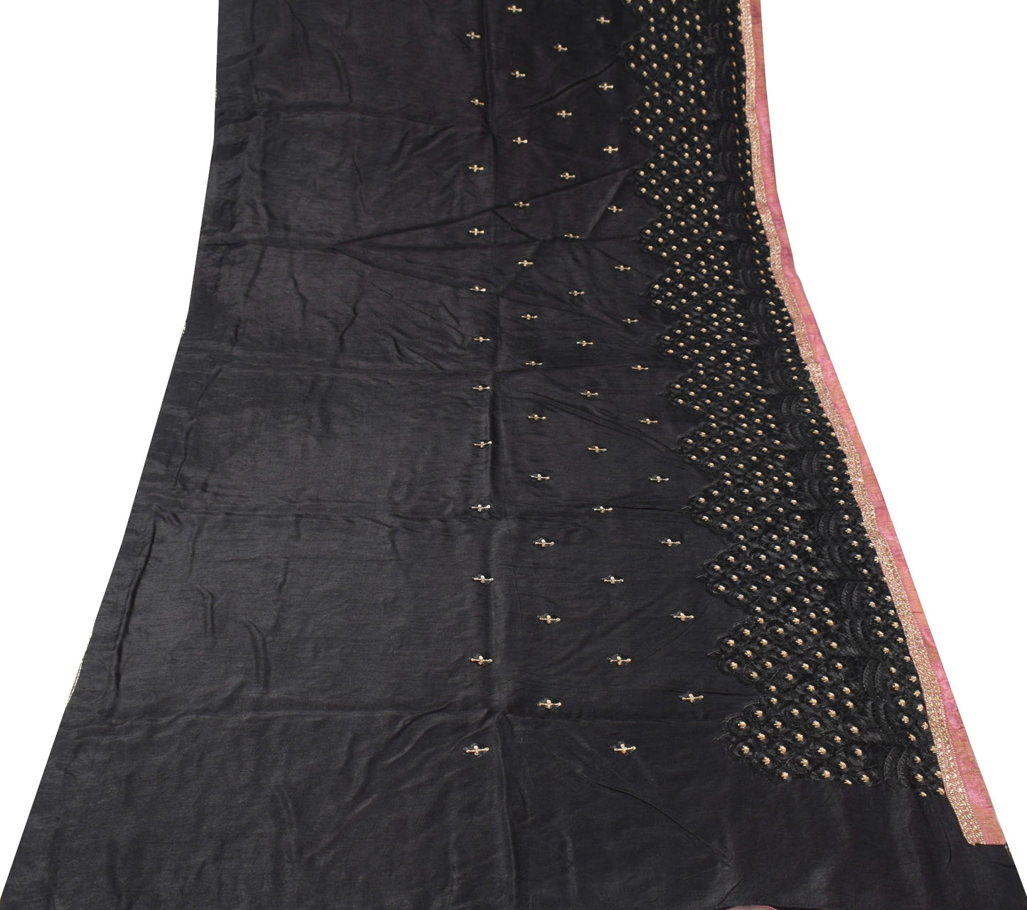 Sushila Vintage Black Embroidered Saree Contrast Border Pure Cotton HEAVY Sari