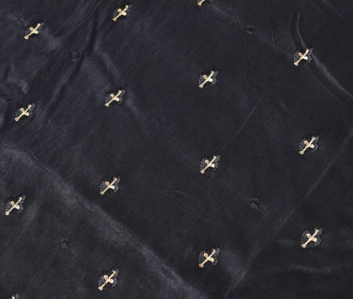 Sushila Vintage Black Embroidered Saree Contrast Border Pure Cotton HEAVY Sari