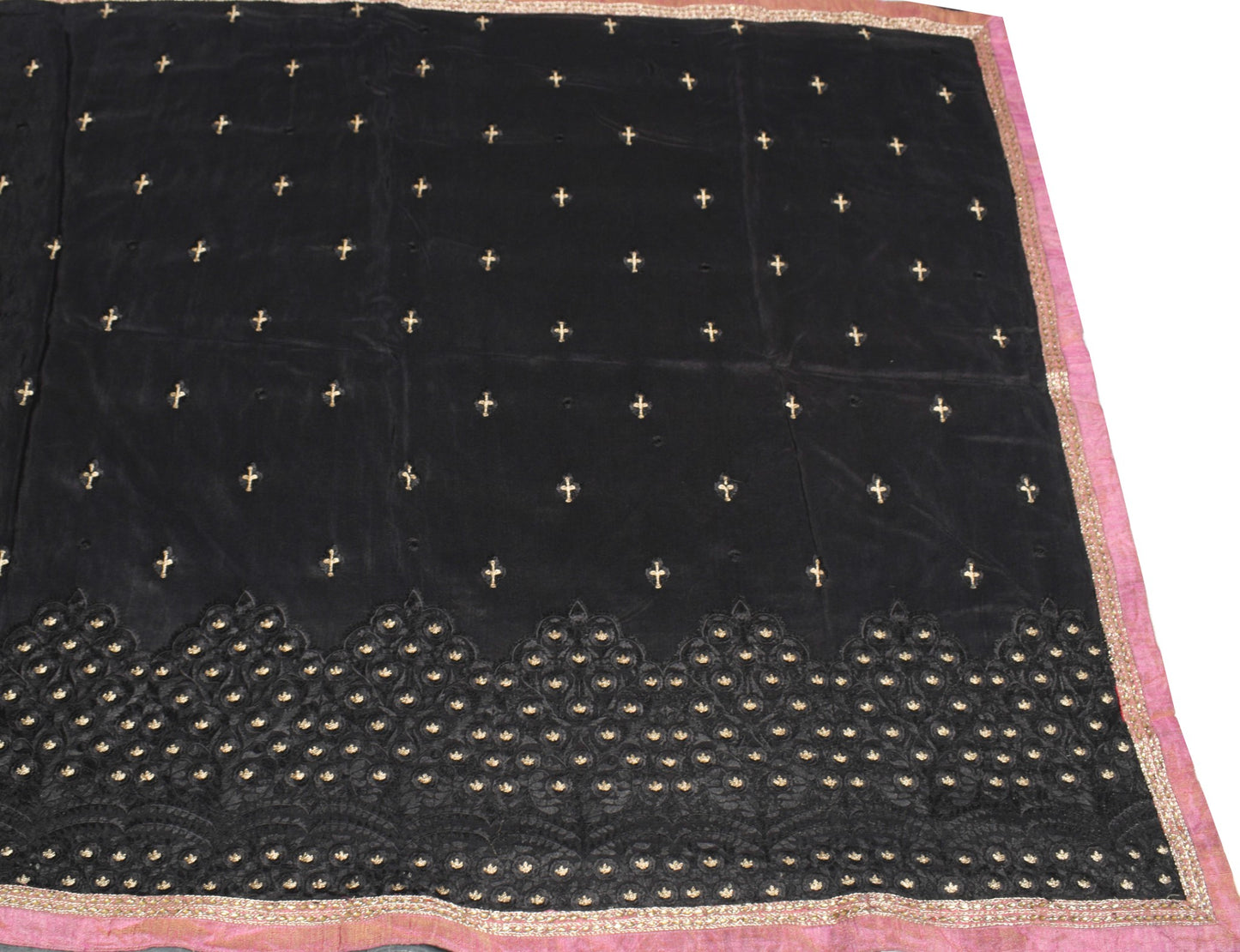 Sushila Vintage Black Embroidered Saree Contrast Border Pure Cotton HEAVY Sari