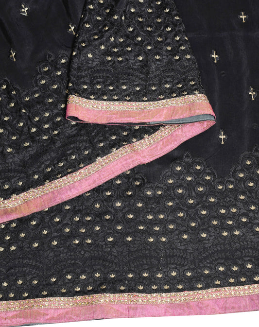Sushila Vintage Black Embroidered Saree Contrast Border Pure Cotton HEAVY Sari