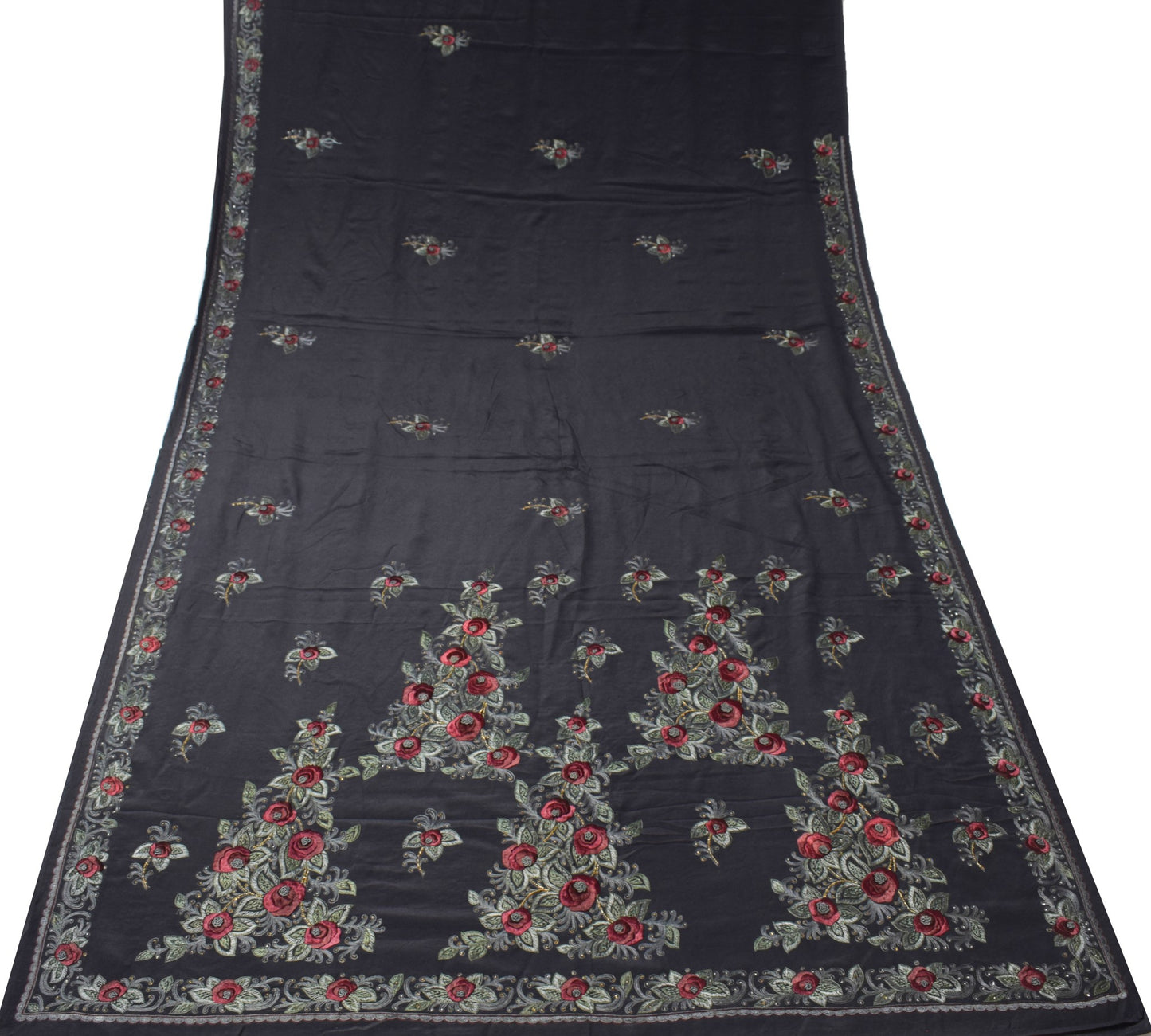 Sushila Vintage HEAVY Black Saree Pure Crepe Silk Hand Embroidered Sari Fabric