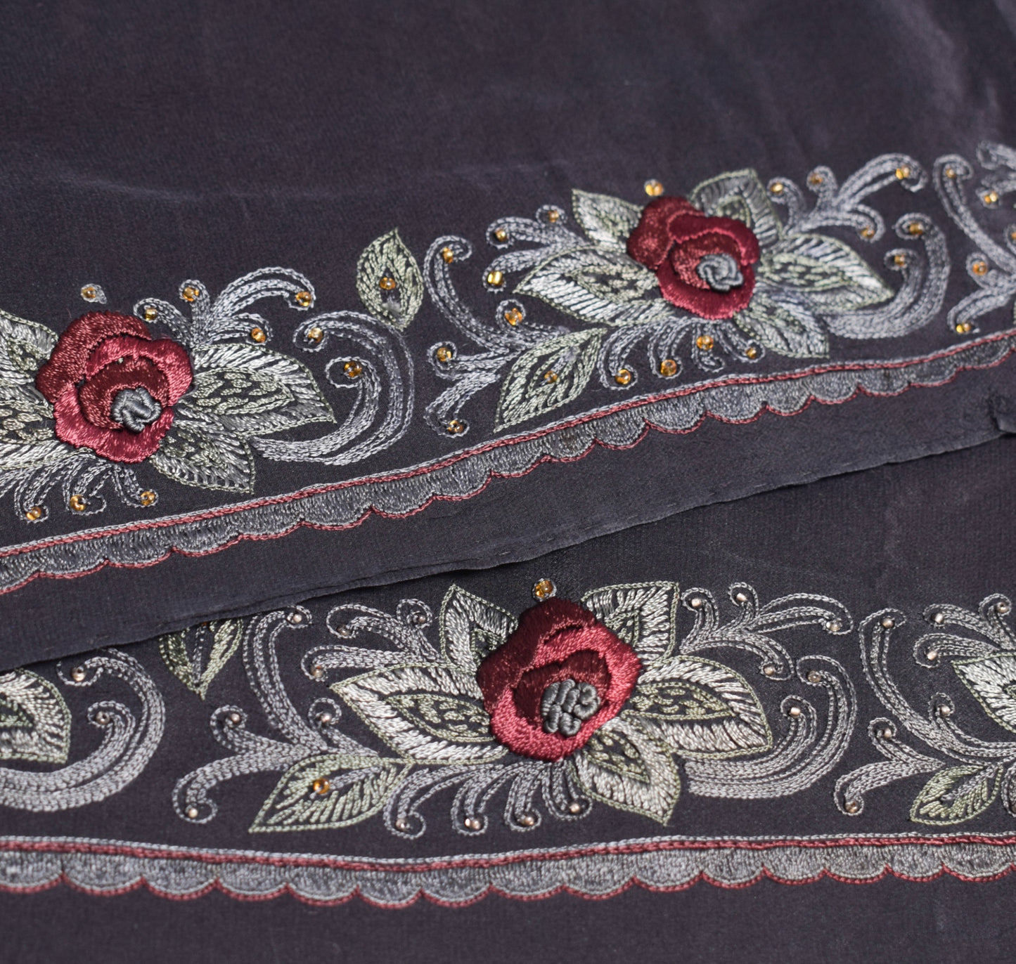 Sushila Vintage HEAVY Black Saree Pure Crepe Silk Hand Embroidered Sari Fabric