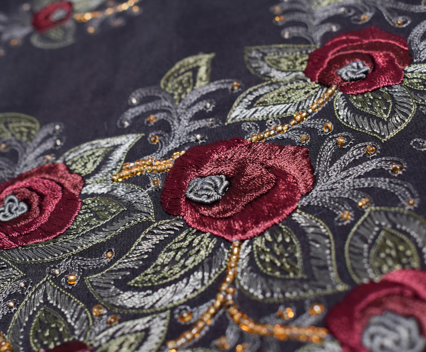 Sushila Vintage HEAVY Black Saree Pure Crepe Silk Hand Embroidered Sari Fabric