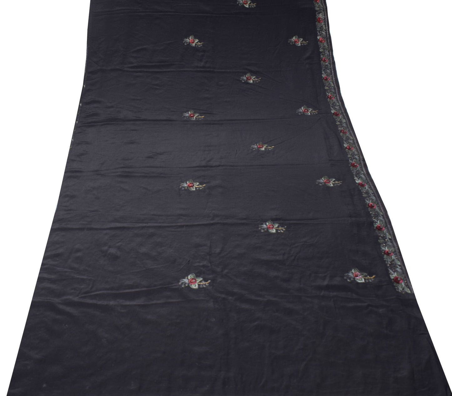 Sushila Vintage HEAVY Black Saree Pure Crepe Silk Hand Embroidered Sari Fabric