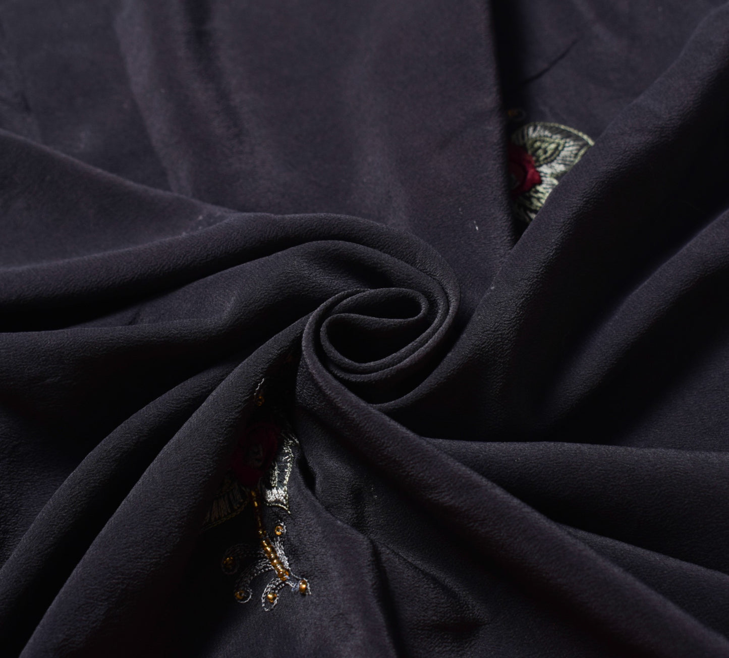 Sushila Vintage HEAVY Black Saree Pure Crepe Silk Hand Embroidered Sari Fabric