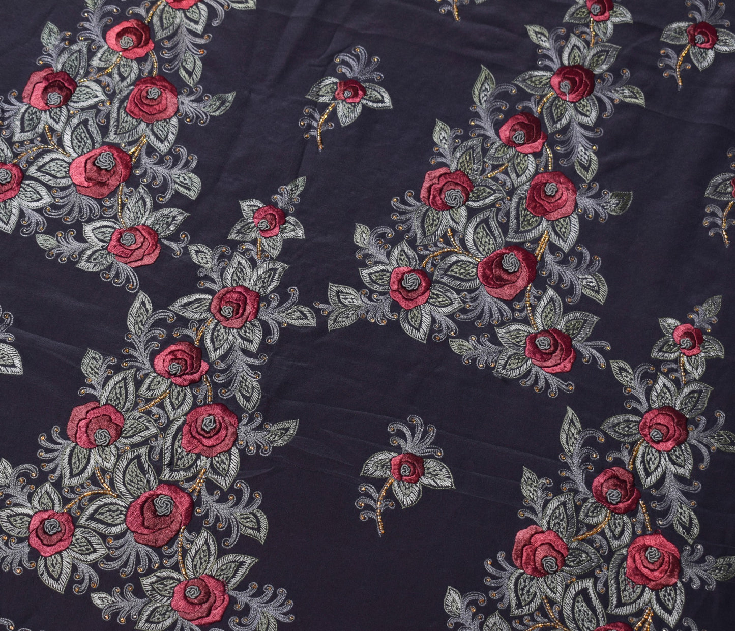 Sushila Vintage HEAVY Black Saree Pure Crepe Silk Hand Embroidered Sari Fabric