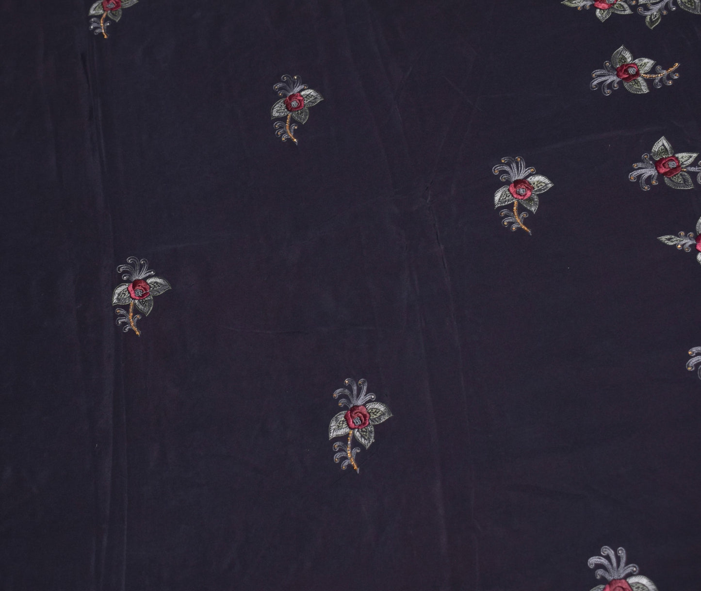 Sushila Vintage HEAVY Black Saree Pure Crepe Silk Hand Embroidered Sari Fabric