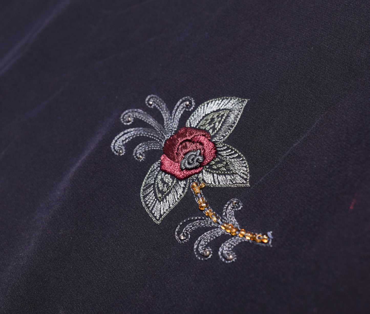 Sushila Vintage HEAVY Black Saree Pure Crepe Silk Hand Embroidered Sari Fabric
