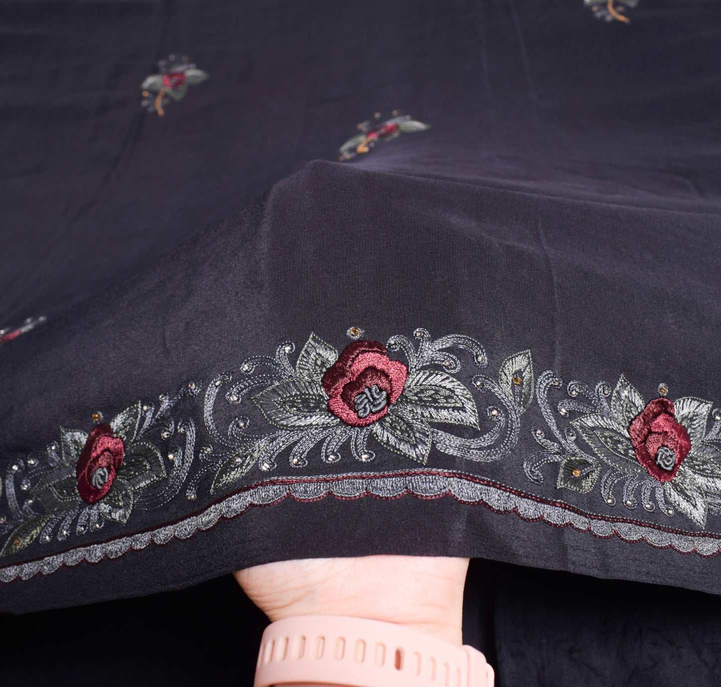 Sushila Vintage HEAVY Black Saree Pure Crepe Silk Hand Embroidered Sari Fabric