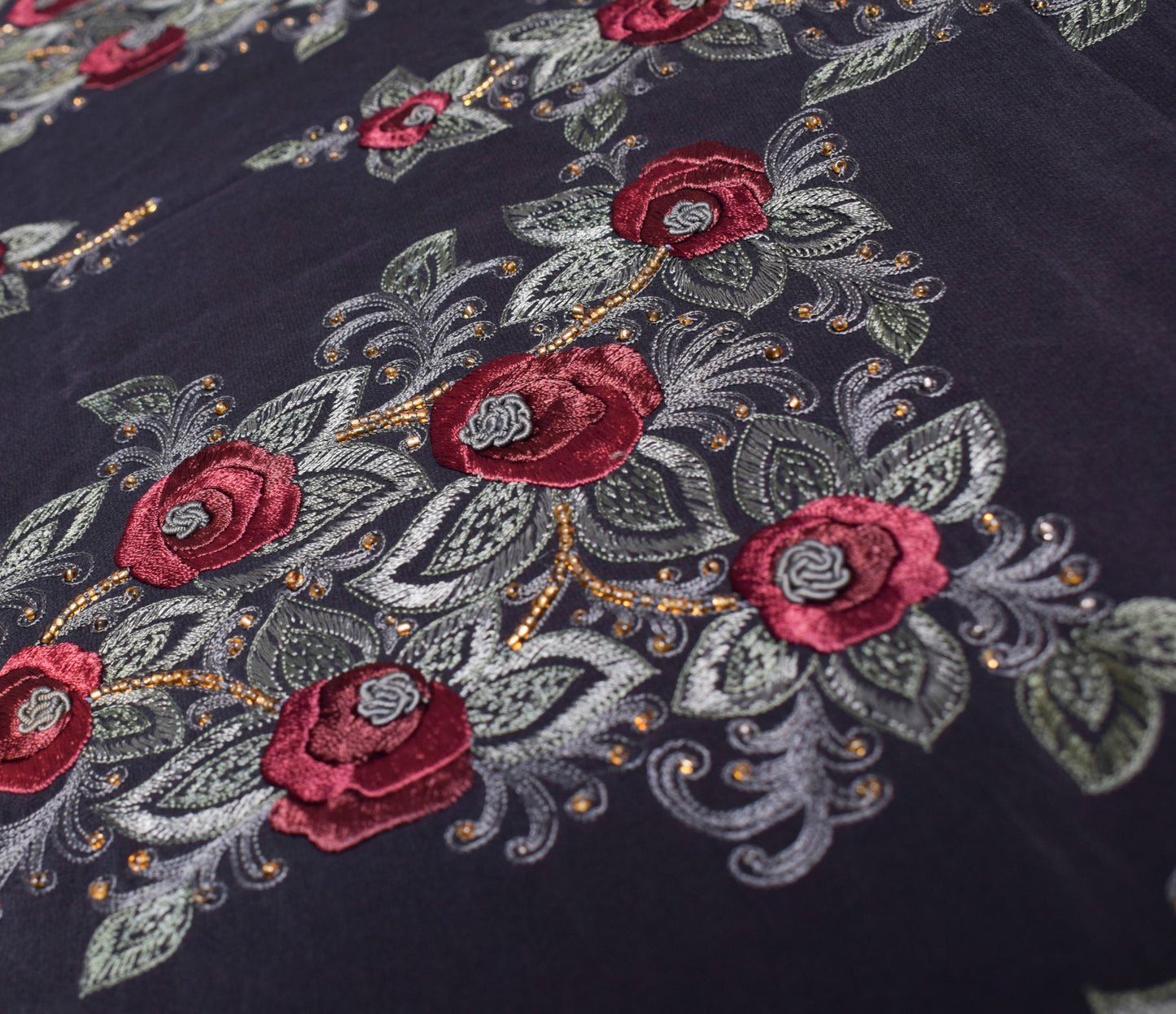 Sushila Vintage HEAVY Black Saree Pure Crepe Silk Hand Embroidered Sari Fabric