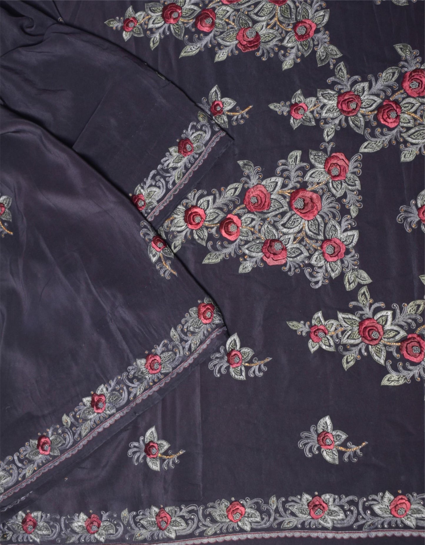 Sushila Vintage HEAVY Black Saree Pure Crepe Silk Hand Embroidered Sari Fabric
