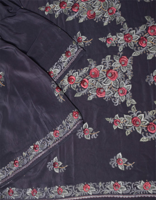 Sushila Vintage HEAVY Black Saree Pure Crepe Silk Hand Embroidered Sari Fabric