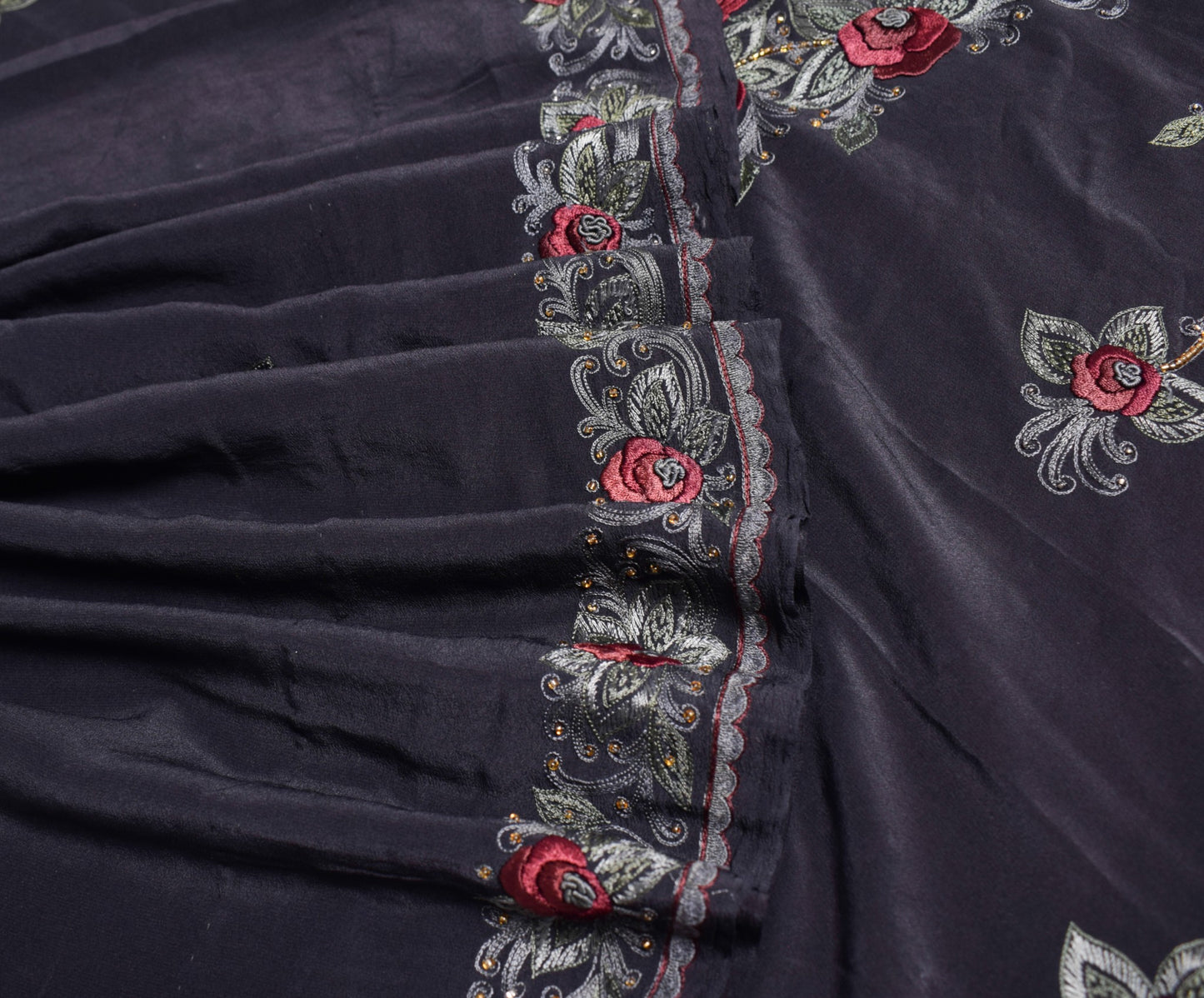 Sushila Vintage HEAVY Black Saree Pure Crepe Silk Hand Embroidered Sari Fabric