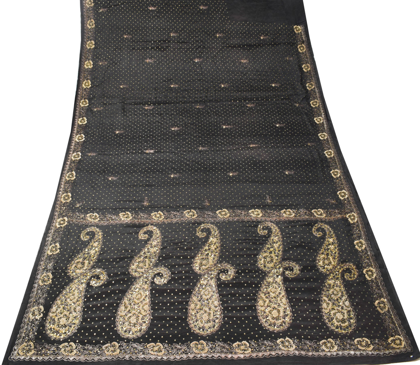 Sushila Vintage Zardozi Aari Work Saree Pure Silk Black HEAVY Sari Craft Fabric