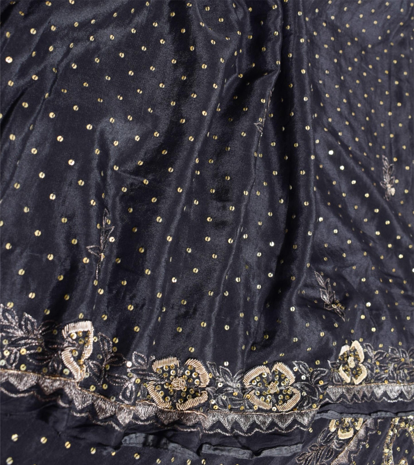 Sushila Vintage Zardozi Aari Work Saree Pure Silk Black HEAVY Sari Craft Fabric