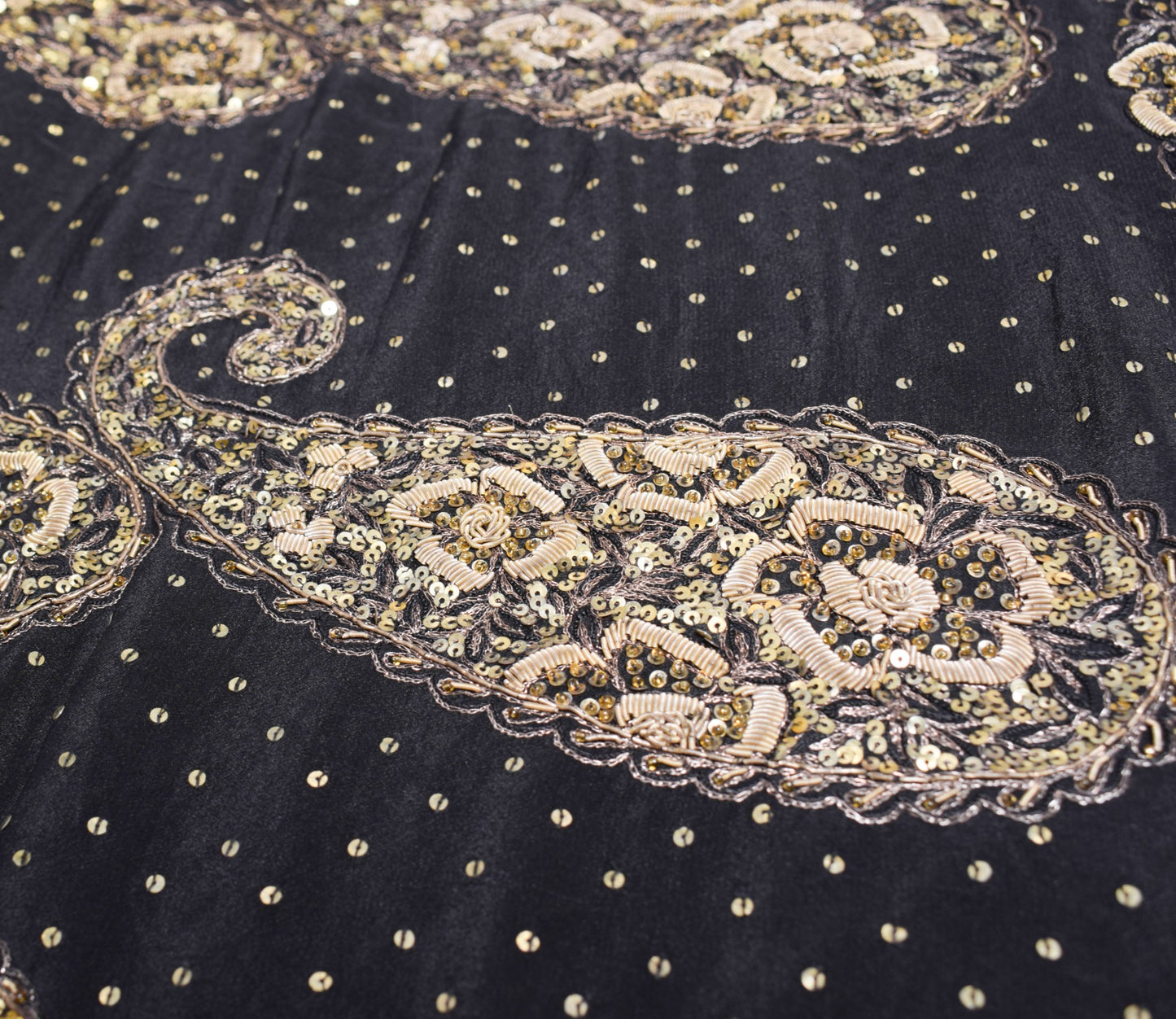 Sushila Vintage Zardozi Aari Work Saree Pure Silk Black HEAVY Sari Craft Fabric