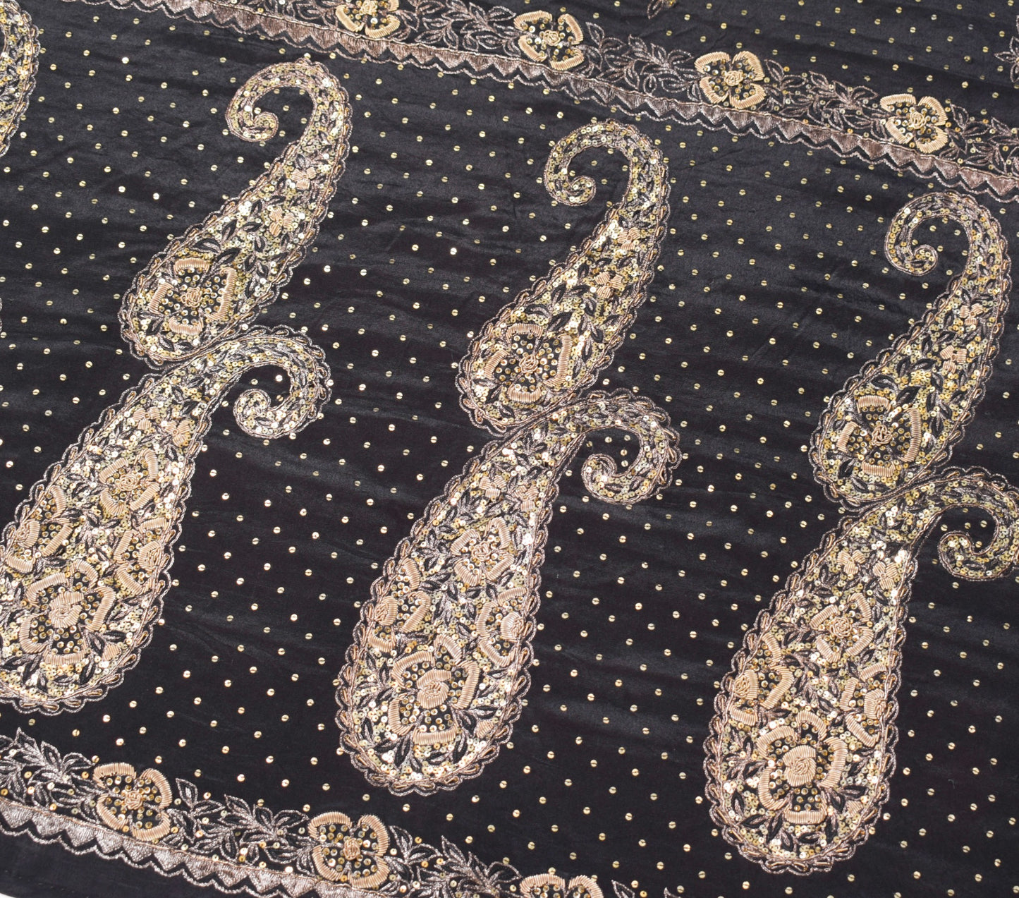 Sushila Vintage Zardozi Aari Work Saree Pure Silk Black HEAVY Sari Craft Fabric