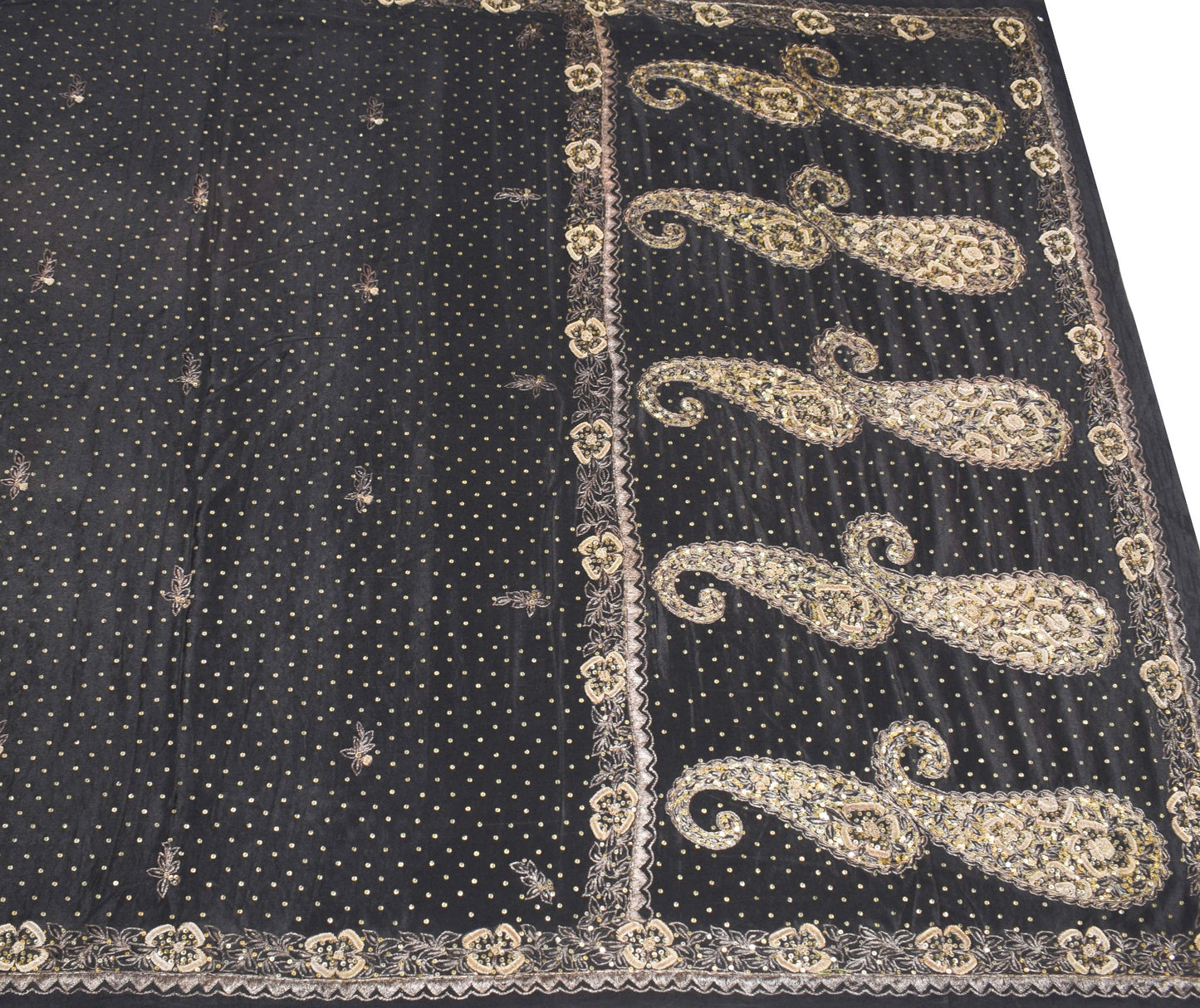 Sushila Vintage Zardozi Aari Work Saree Pure Silk Black HEAVY Sari Craft Fabric