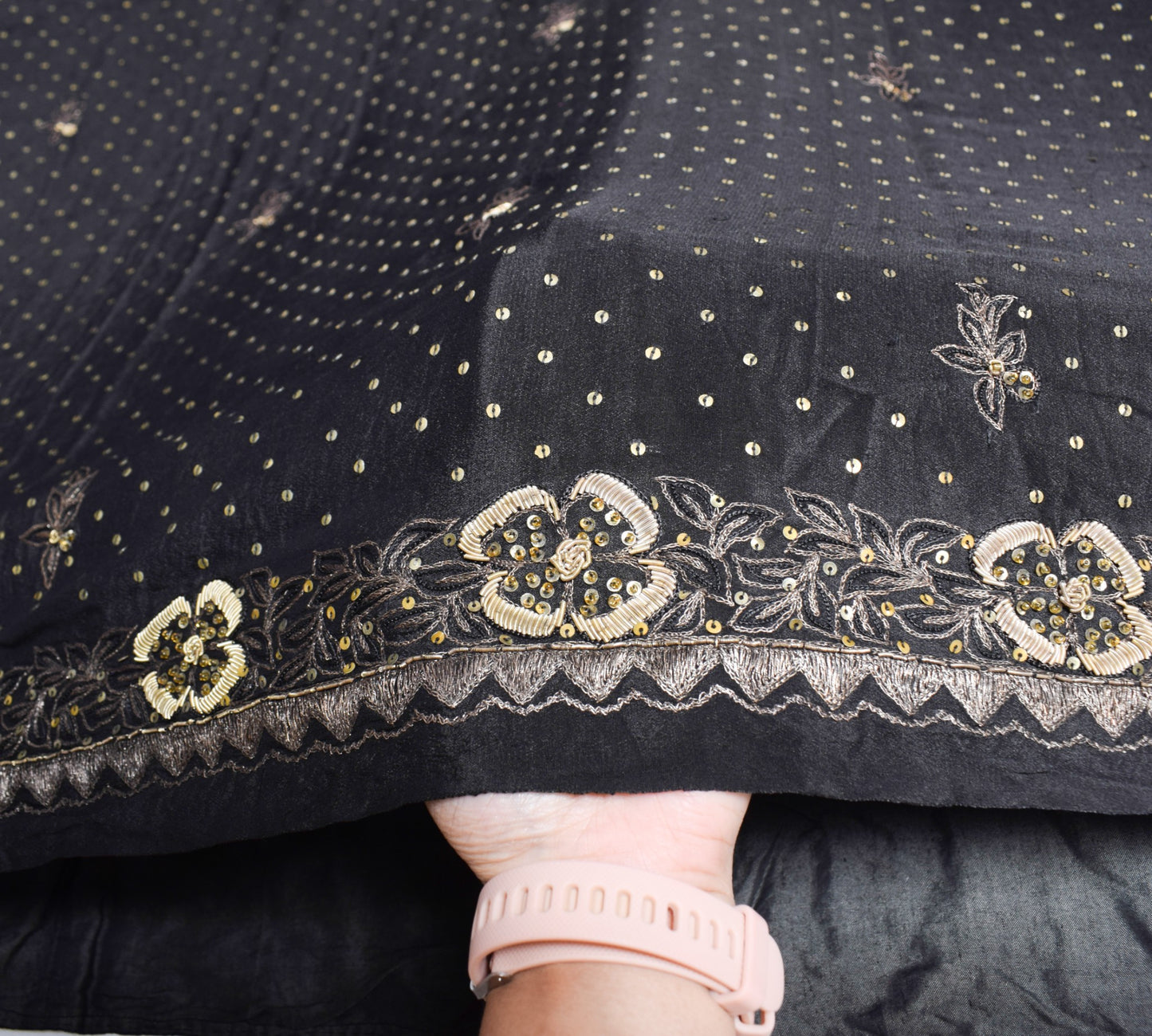 Sushila Vintage Zardozi Aari Work Saree Pure Silk Black HEAVY Sari Craft Fabric