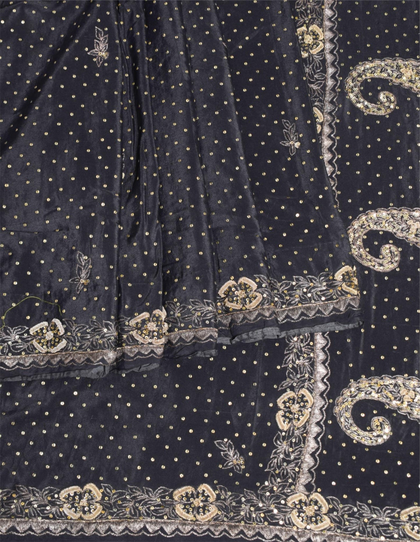 Sushila Vintage Zardozi Aari Work Saree Pure Silk Black HEAVY Sari Craft Fabric