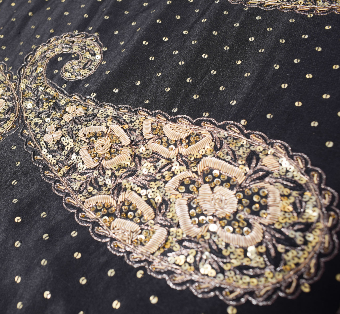Sushila Vintage Zardozi Aari Work Saree Pure Silk Black HEAVY Sari Craft Fabric
