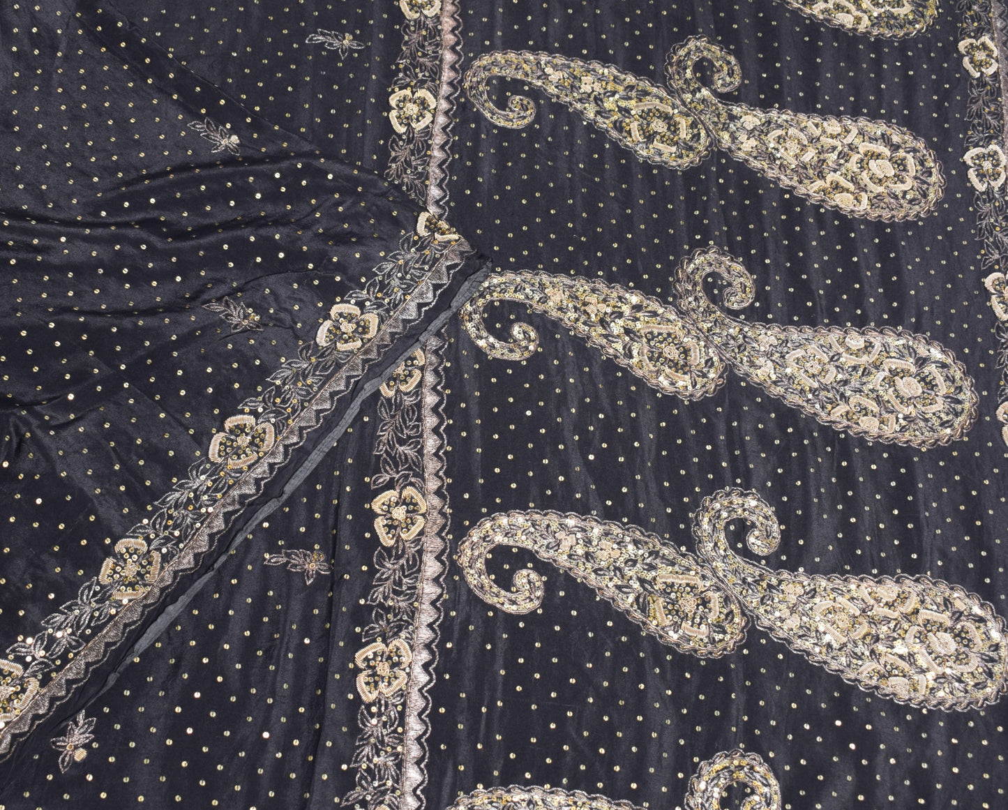 Sushila Vintage Zardozi Aari Work Saree Pure Silk Black HEAVY Sari Craft Fabric