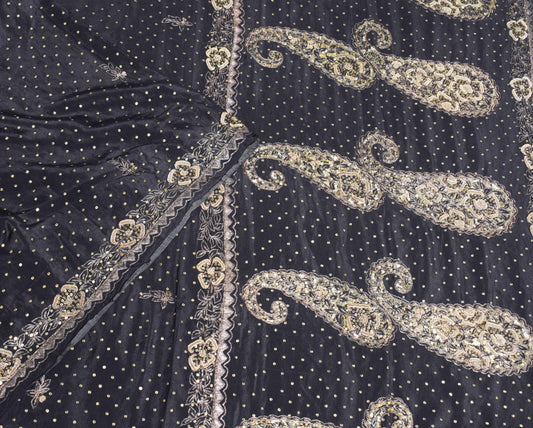 Sushila Vintage Zardozi Aari Work Saree Pure Silk Black HEAVY Sari Craft Fabric