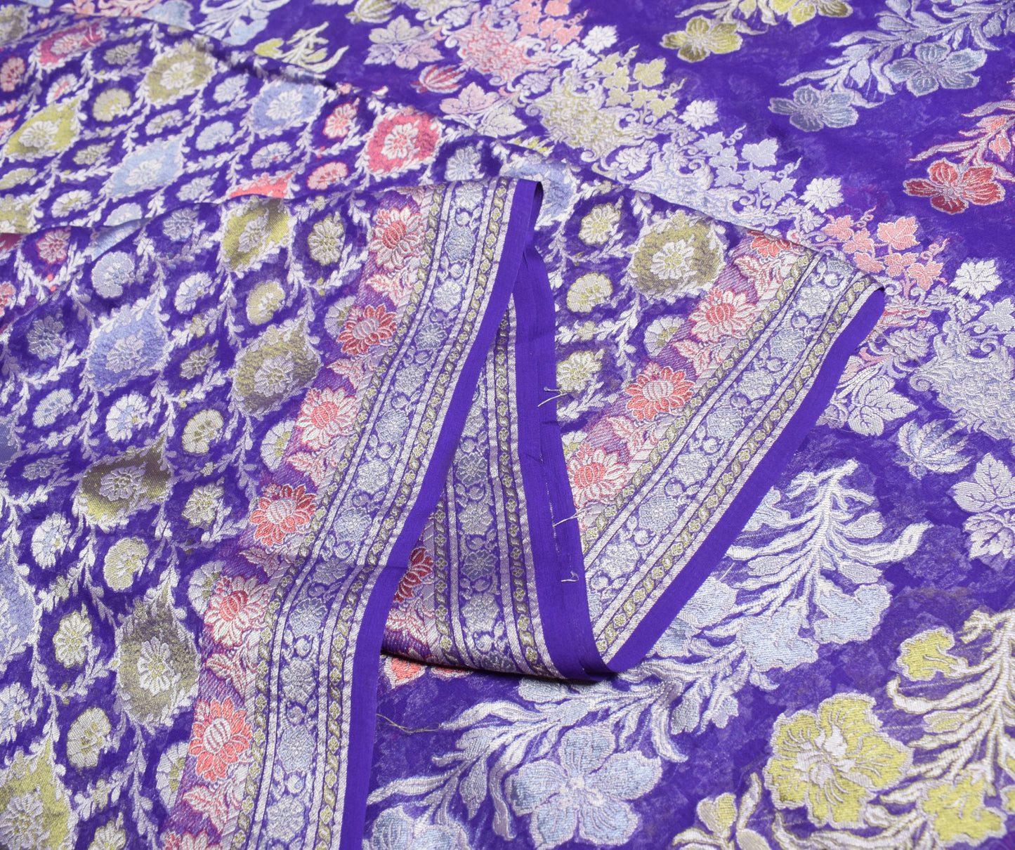 Sushila Vintage Pure Banarasi Chiffon Saree HEAVY Purple Handloom Sari Fabric