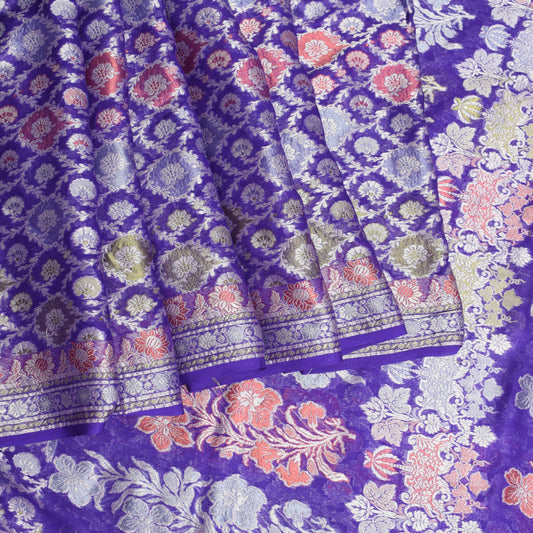 Sushila Vintage Pure Banarasi Chiffon Saree HEAVY Purple Handloom Sari Fabric