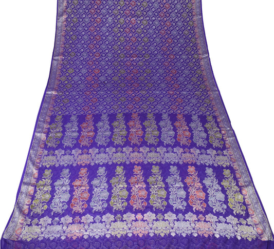 Sushila Vintage Pure Banarasi Chiffon Saree HEAVY Purple Handloom Sari Fabric