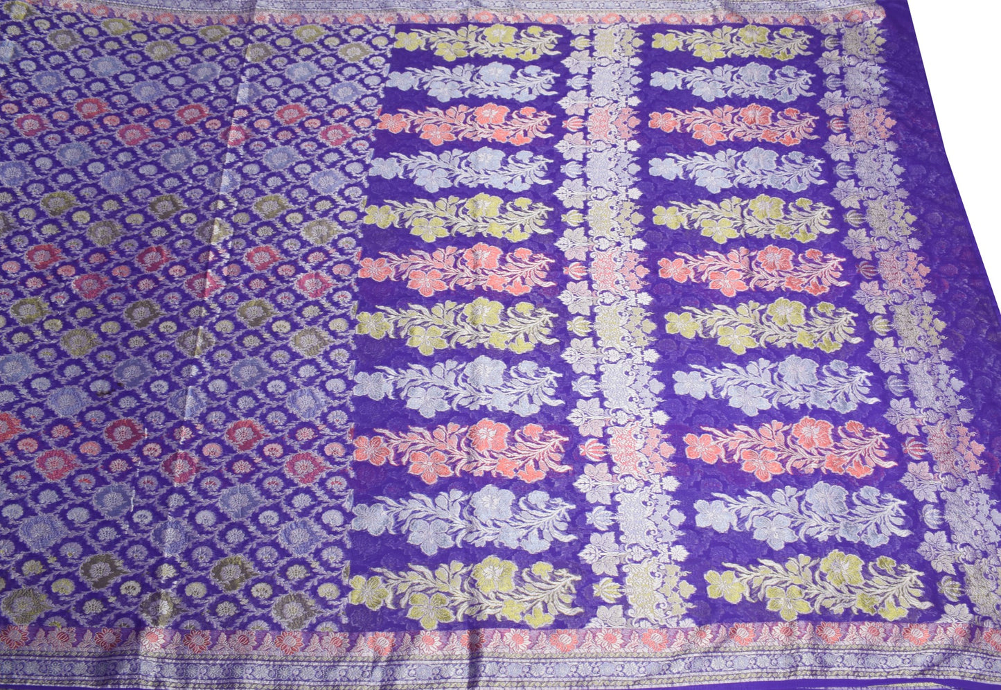 Sushila Vintage Pure Banarasi Chiffon Saree HEAVY Purple Handloom Sari Fabric