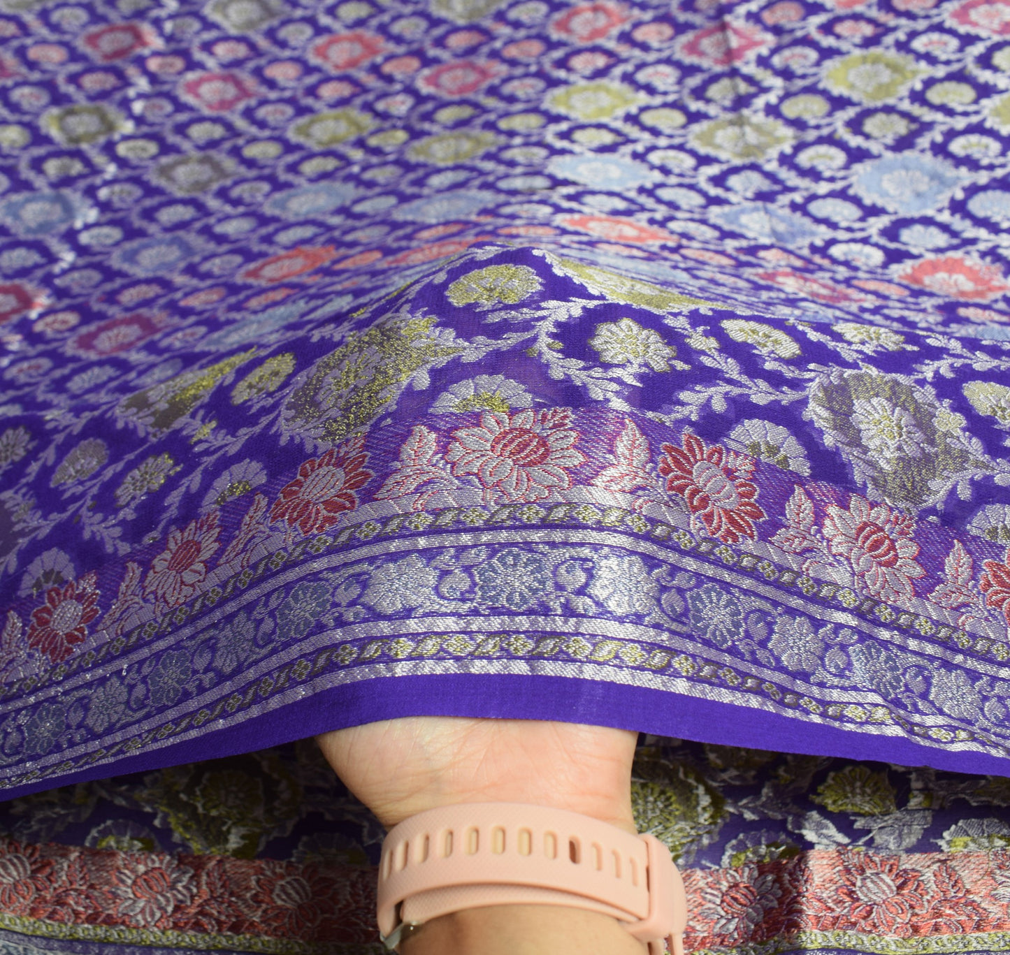 Sushila Vintage Pure Banarasi Chiffon Saree HEAVY Purple Handloom Sari Fabric