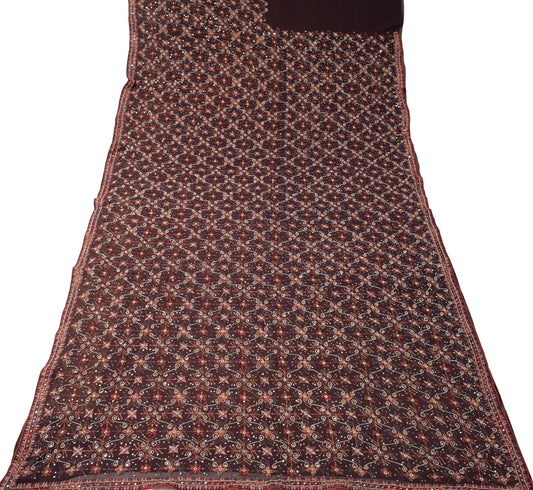 Sushila Vintage Brown HEAVY Saree Pure Georgette Hand Embroidered Sari Fabric