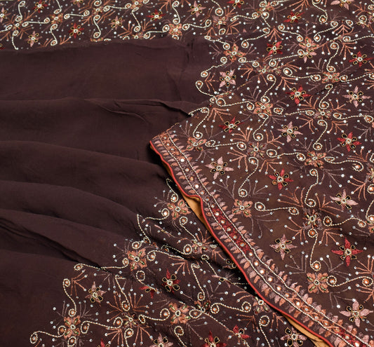 Sushila Vintage Brown HEAVY Saree Pure Georgette Hand Embroidered Sari Fabric