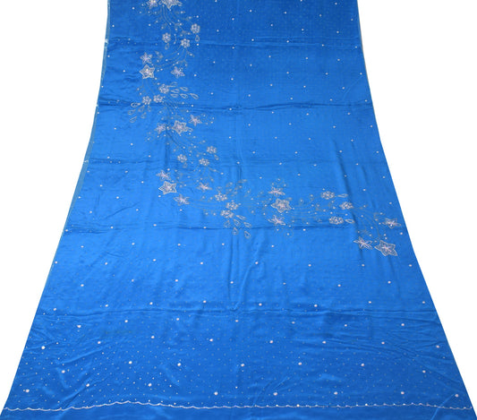 Sushila Vintage Handmade Mukesh Work Sari Turquoise Blue Pure Crepe Saree Fabric