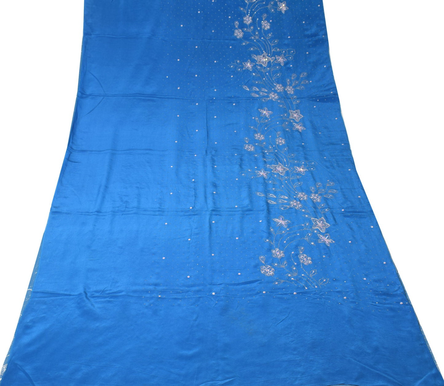 Sushila Vintage Handmade Mukesh Work Sari Turquoise Blue Pure Crepe Saree Fabric