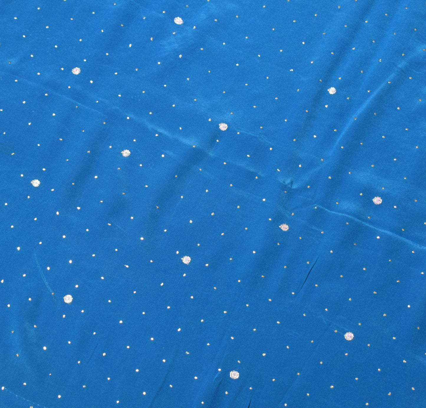Sushila Vintage Handmade Mukesh Work Sari Turquoise Blue Pure Crepe Saree Fabric