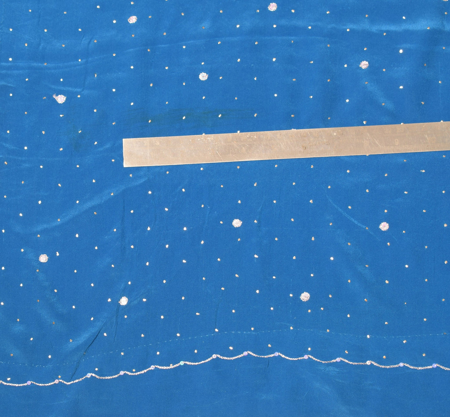 Sushila Vintage Handmade Mukesh Work Sari Turquoise Blue Pure Crepe Saree Fabric