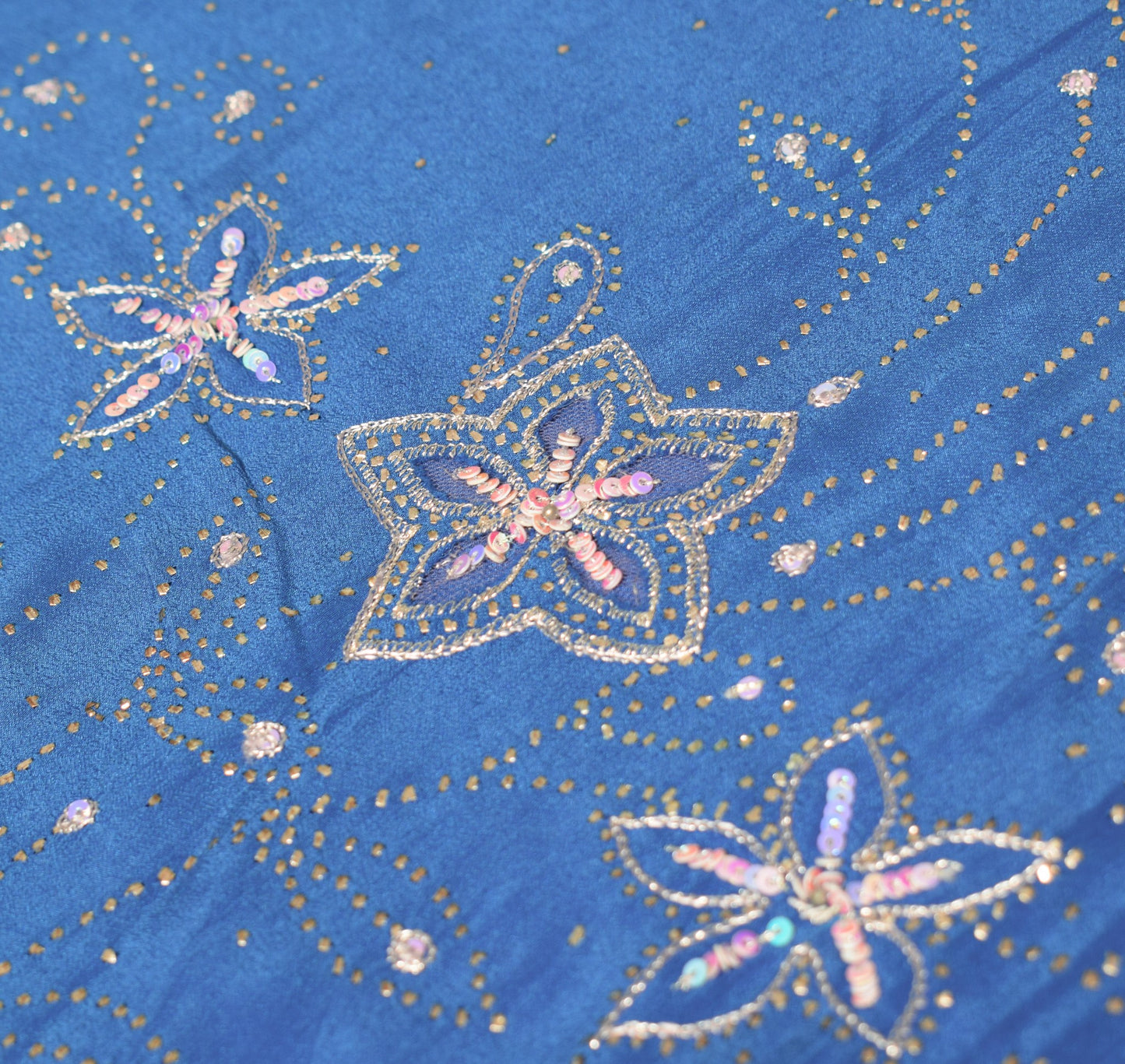 Sushila Vintage Handmade Mukesh Work Sari Turquoise Blue Pure Crepe Saree Fabric