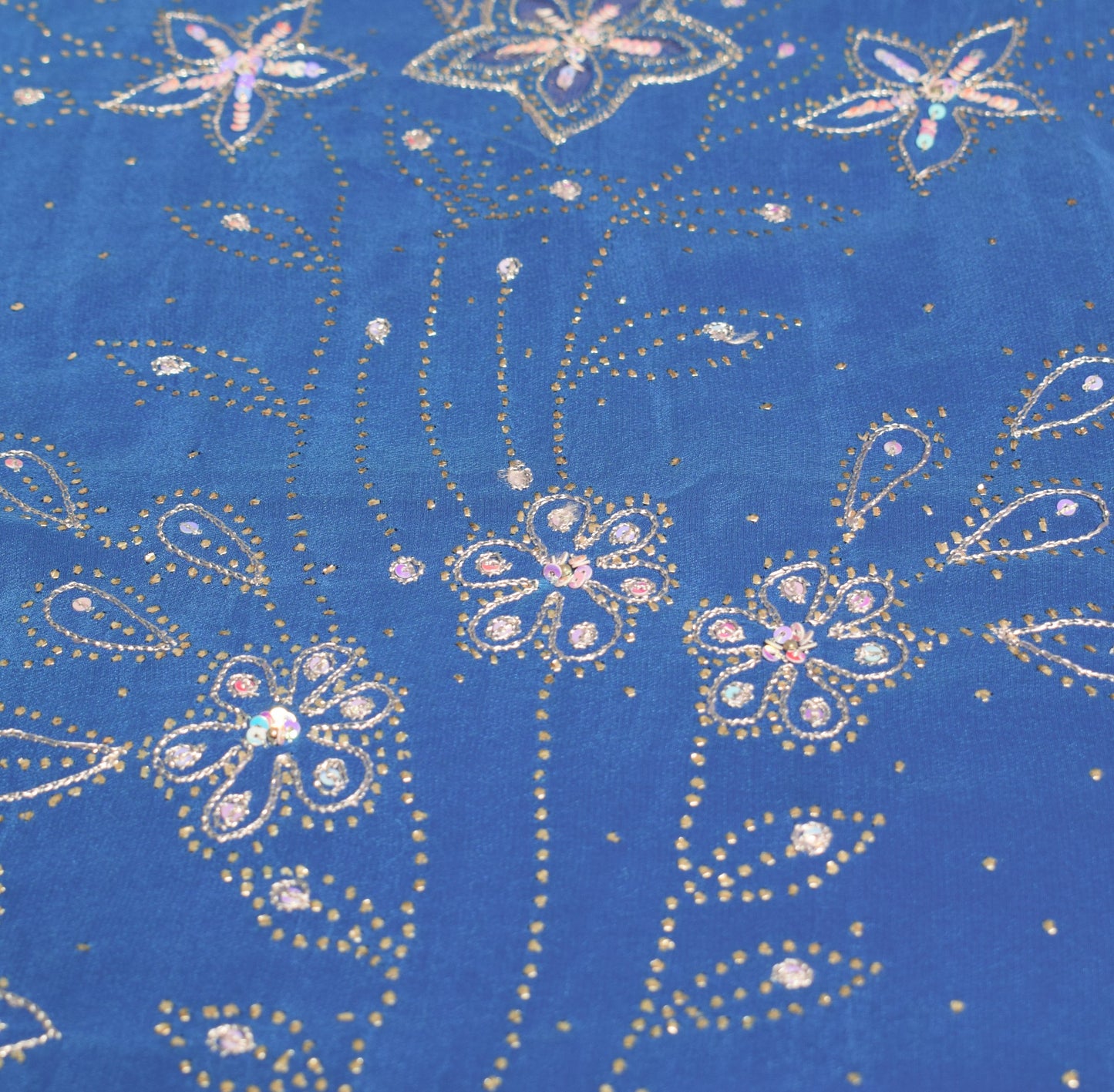 Sushila Vintage Handmade Mukesh Work Sari Turquoise Blue Pure Crepe Saree Fabric