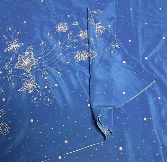 Sushila Vintage Handmade Mukesh Work Sari Turquoise Blue Pure Crepe Saree Fabric