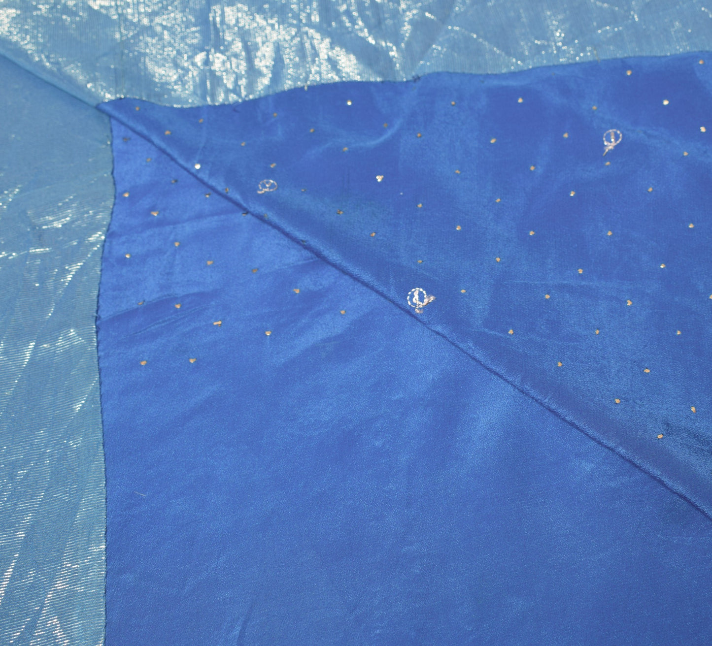 Sushila Vintage Handmade Mukesh Work Sari Turquoise Blue Pure Crepe Saree Fabric