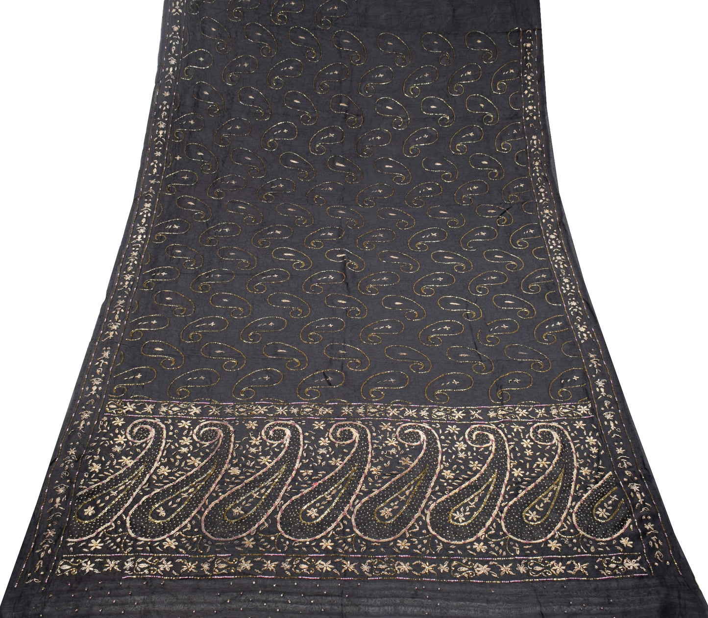 Sushila Vintage Zardozi Work Saree Pure Silk HEAVY Black Self Woven Sari Fabric