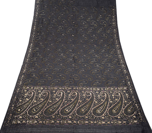 Sushila Vintage Zardozi Work Saree Pure Silk HEAVY Black Self Woven Sari Fabric